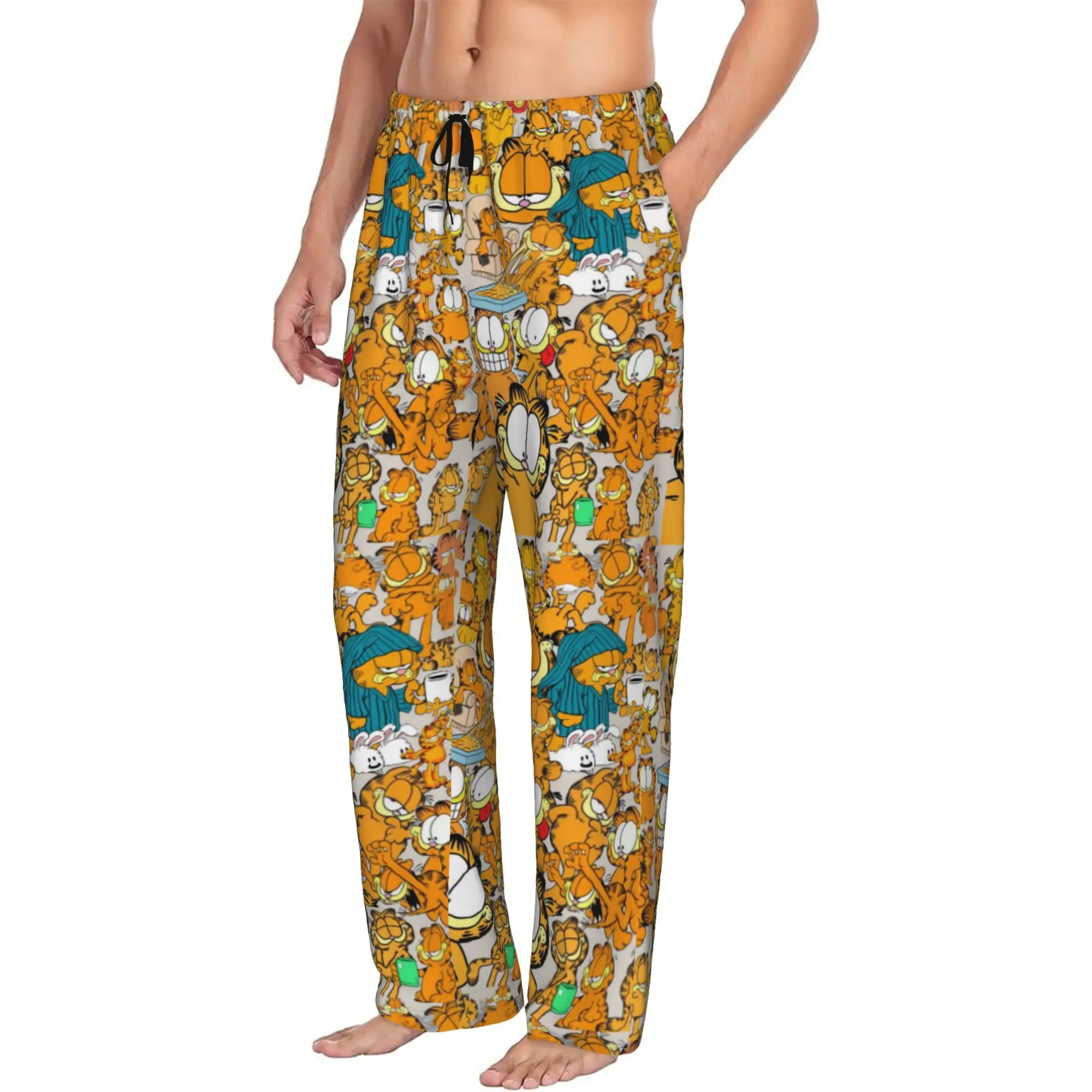 Custom Print Men Cat Cartoon Pajama Pants Comic Strip Manga Sleepwear Sleep Lounge Bottoms with Pockets