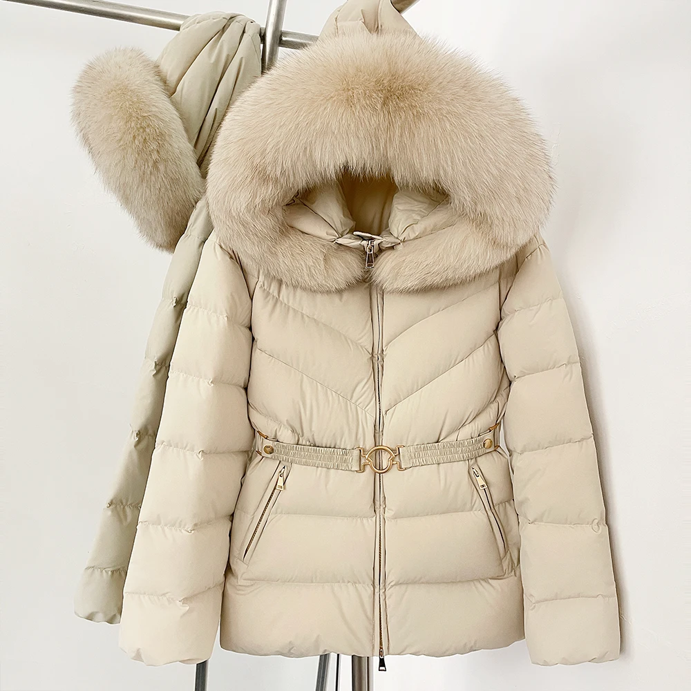 Abrigo de plumón de pato blanco para mujer, chaqueta ajustada con capucha con cuello de piel de zorro Real, Top de invierno para mujer, abrigo de piel de mapache grueso y cálido