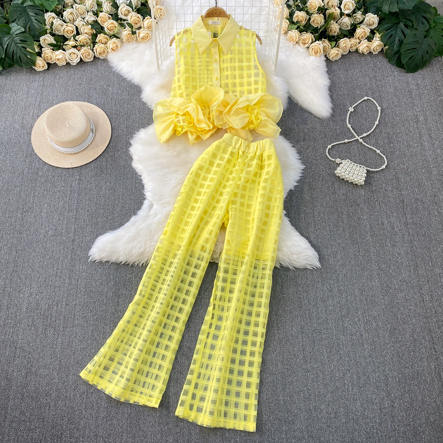 

Женские шифоновые рубашки без рукавов с 3D оборками и рюшами, сетчатый жилет в виде лотоса, топы + клетчатые широкие брюки с эластичной резинкой на талии, комплект из 2 предметов