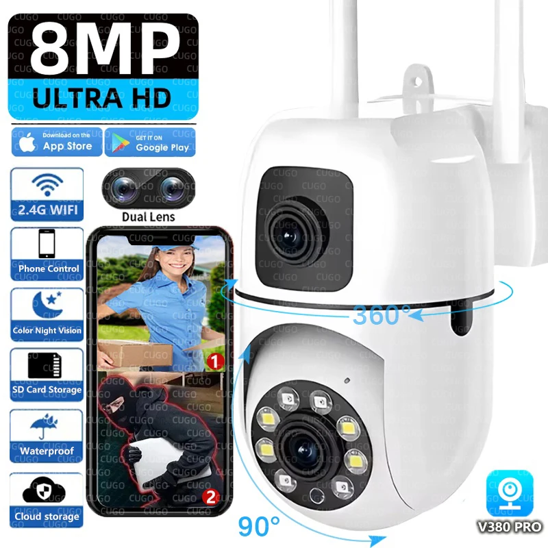 

8-мегапиксельная Wi-Fi IP-камера с двумя объективами, AI, автоматическое отслеживание, двустороннее аудио, цветное ночное видение, 10-кратный зум, безопасность, беспроводная радионяня