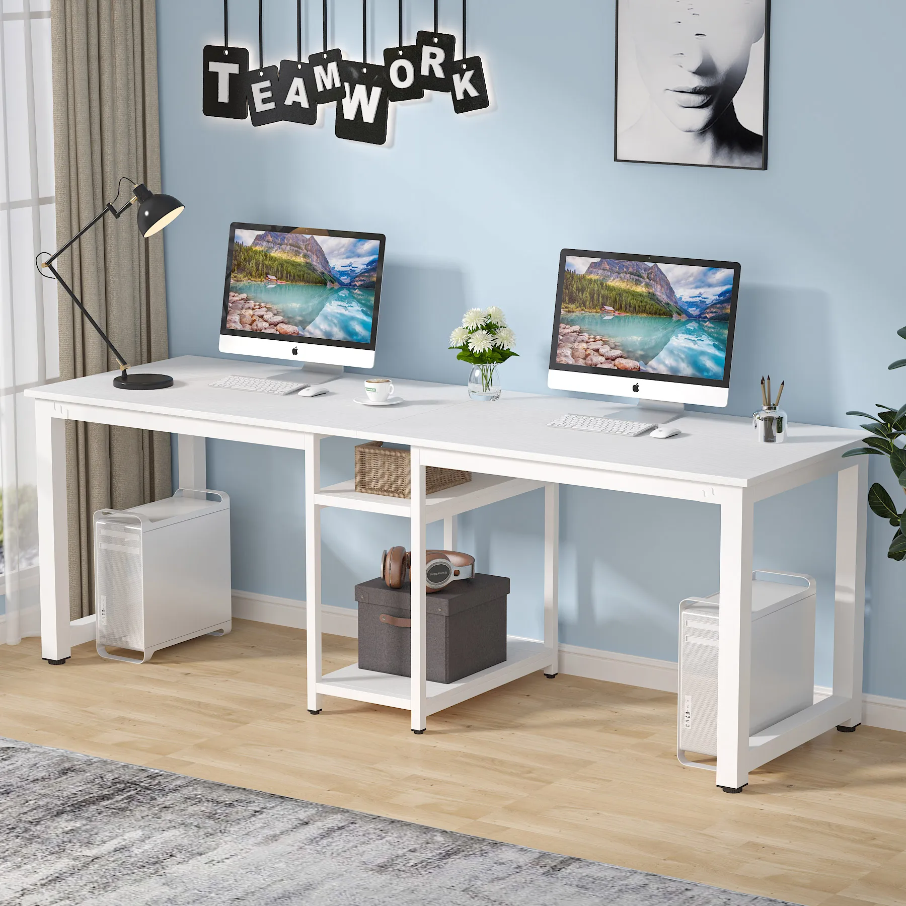 Tribesigns 78 Inches Computer Desk, Extra Large Two Person Office Desk with Shelf, Double Workstation Desk for Home Office