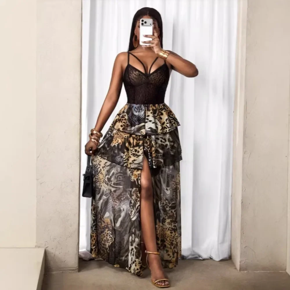 Women Leopard Print Lace Splice Cami Maxi Dress Sexy Spaghetti Strap Long Dress Flattering Party Club Date Night Vacation New