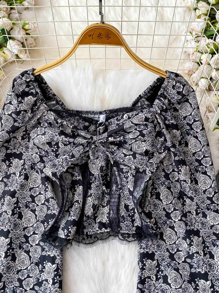 Women's Flower Print Bow Shirts Blouses Y2k 90s Vintage Korean 2000s Square Collar Long Sleeve Cropped Shirt Clothes Summer 2025