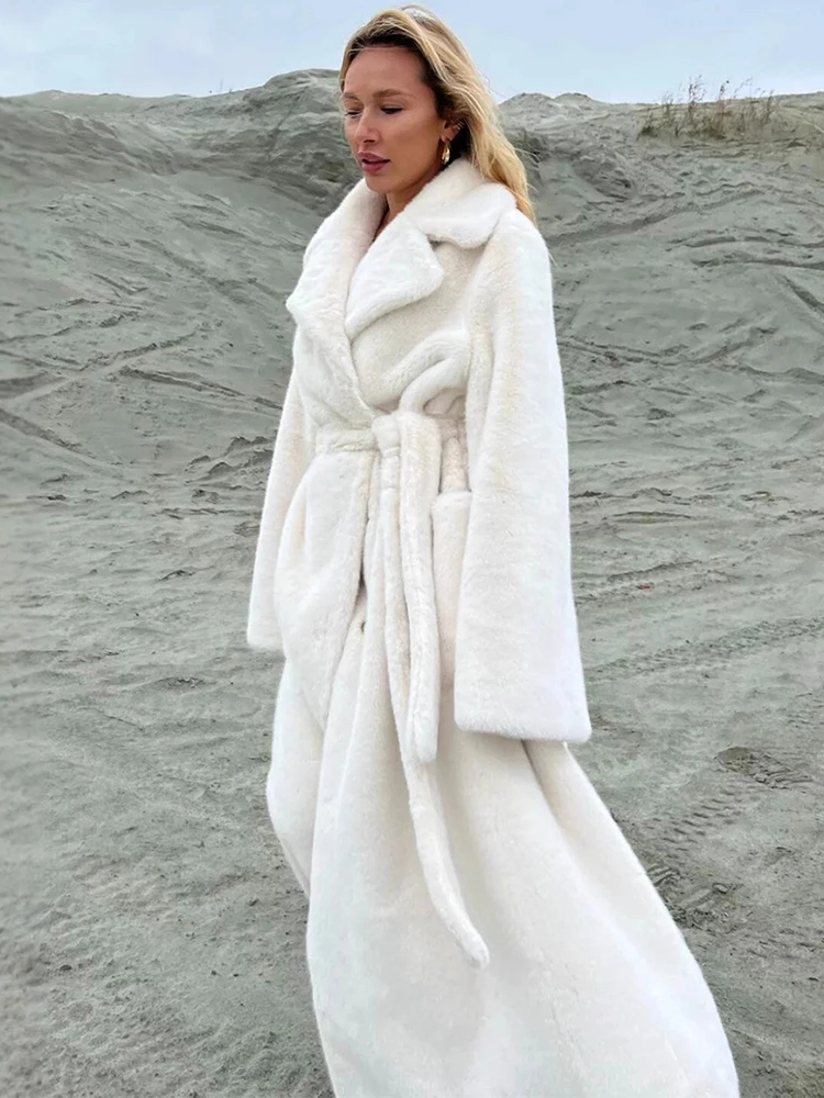 Trendix High Luxury Faux Fur Coat Women 2025 Autumn Winter Soft Warm Lace Up Faux Fur Pocket Patchwork Oversized Outerwear New