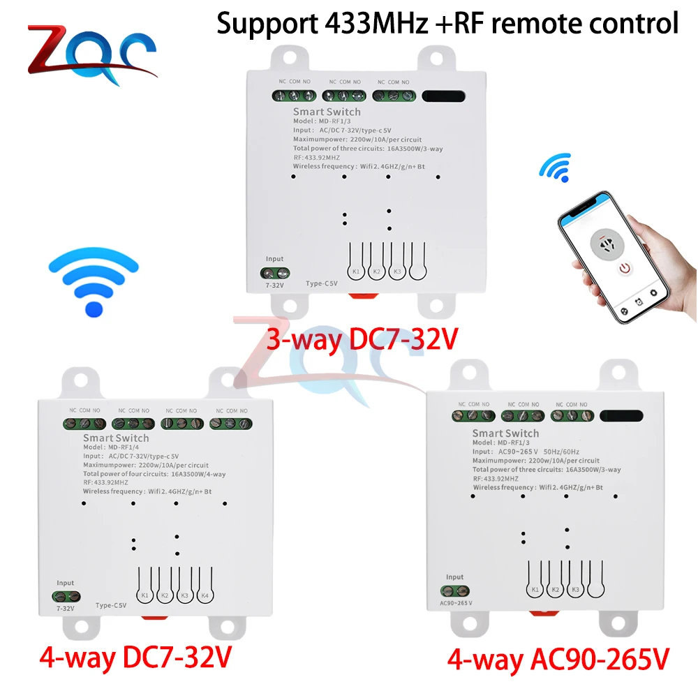 

Умный DC7-32V Wi-Fi 4-канальный 3-позиционный релейный модуль AC90-260V Bluetooth релейный переключатель Jog/самоблокировка/блокировка 433 МГц RF пульт дистанционного управления