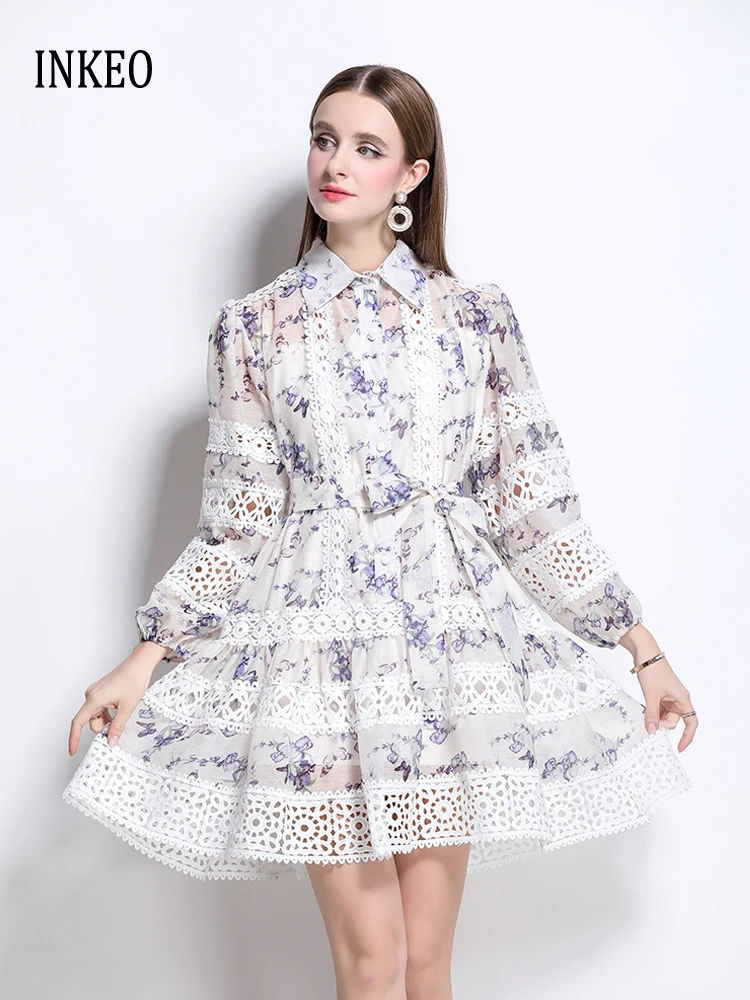 

Elegant Hollow out Lace shirt dress for women 2025 New Floral print Patchwork Knee length dresses with sashes Beach INKEO 5D160