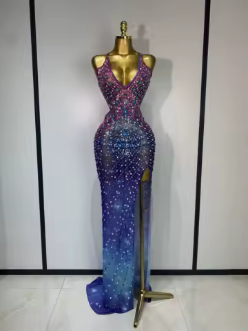 Sparkly Colorful Rhinestones Deep V Neck Backless Open Leg Maxi Long Dress Woman Luxury Runway Evening Party Birthday Dress