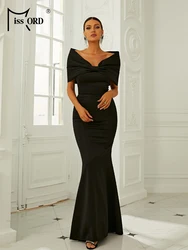 Missord Elegant Black Knit Evening Dresses Women Bowknot Off Shoulder Bodycon Mermaid Wedding Party Prom Dress Long Gown