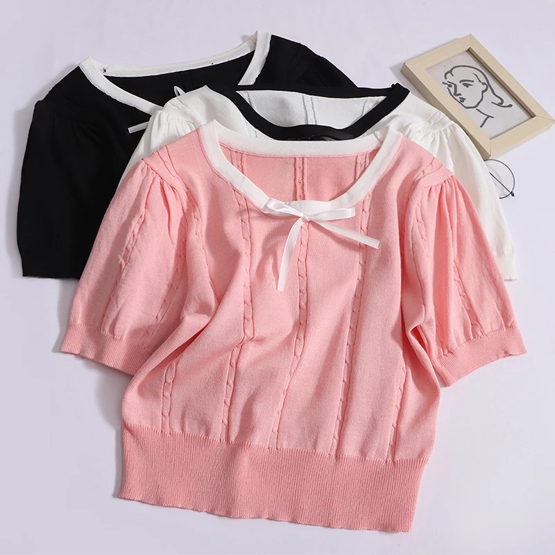 Women Casual Contrast Color Bow O-neck T-shirt Solid Patchwork Short Sleeved Pullover Summer Sweet Worn Outside Knit Crop Tops