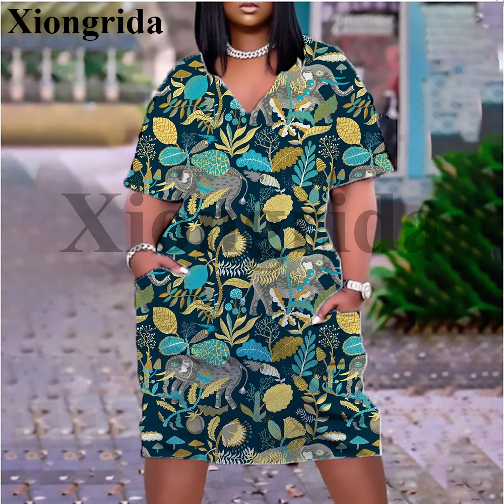 Robe graphique d'éléphant avec poche pour femmes, mode Animal imprimé en 3D, chemise à manches courtes, t-shirts longs décontractés, robe de plage ample, nouvelle collection