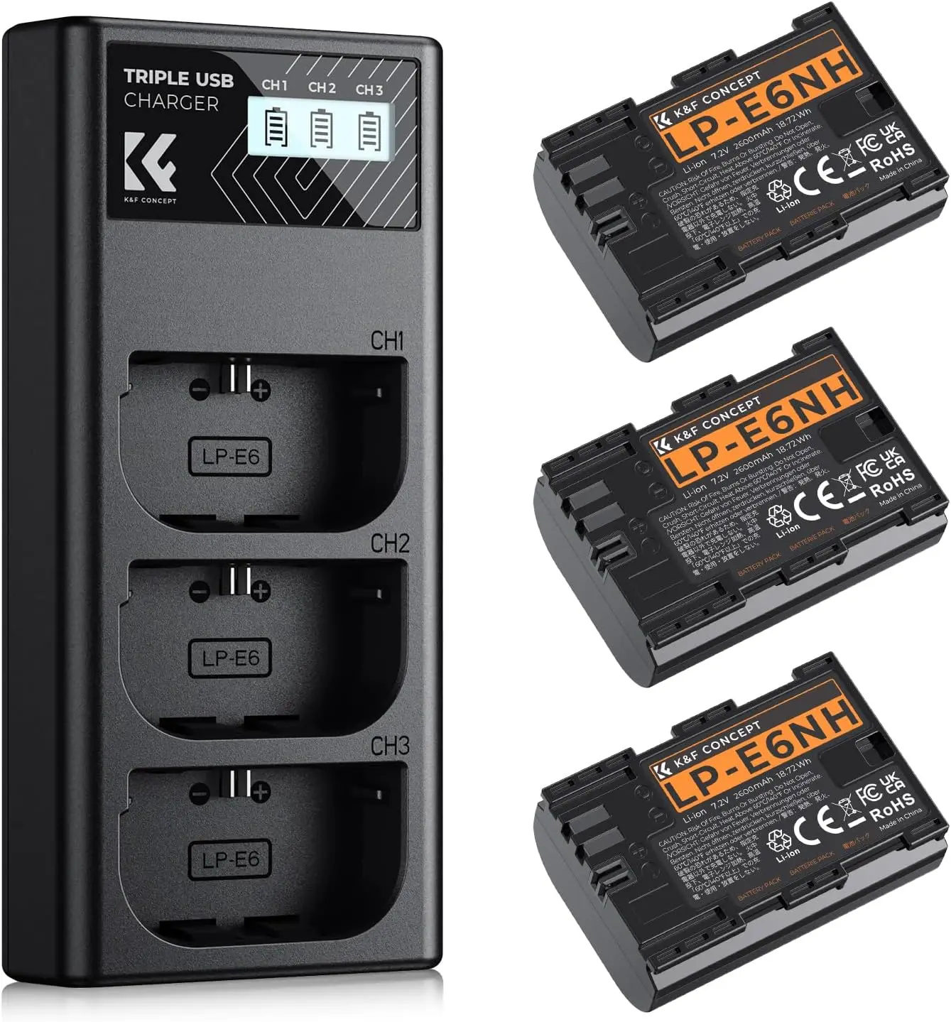 2600mAh LP-E6NH Battery Pack with 3-Slot Charger for R7, R6, R5, R, 6D Mark II, 5D Mark IV, 5D Mark III, 5DS, 5DS R, 5D Mark II, 80D, 90D, 6D, 7D, 7D Mark II