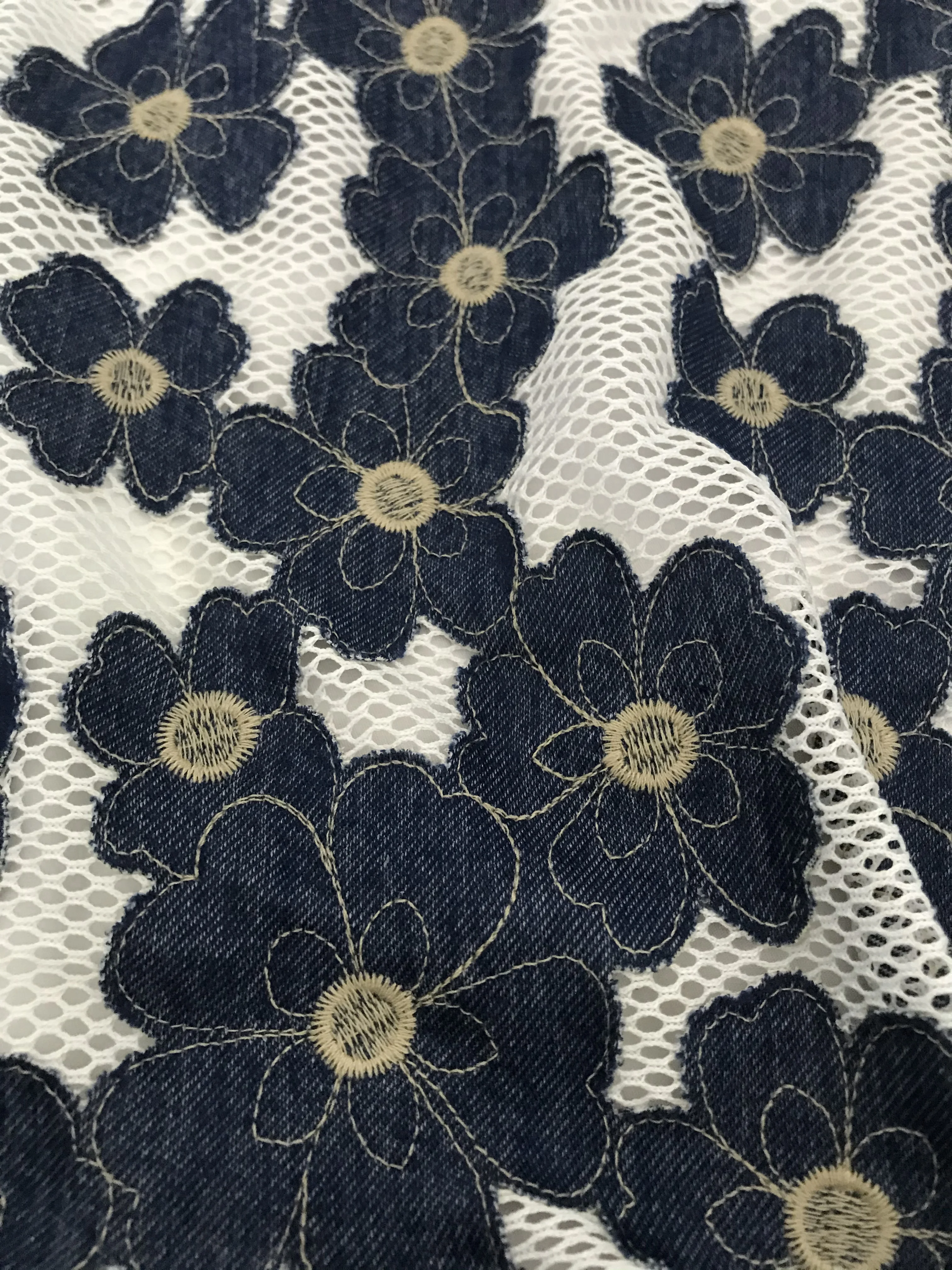 3M Good quality denim embroidered white thick mesh fabric DIY dress fashion fabric decoration X1005