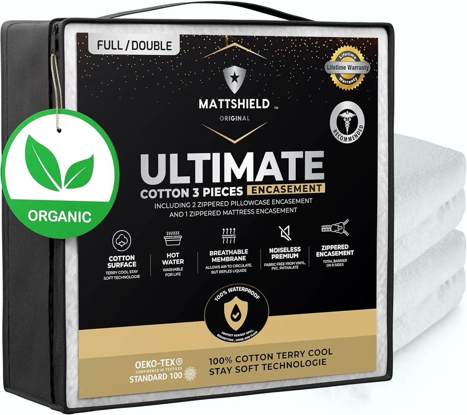 

Комплект из 3 предметов Mattshield Ultimate Sensitive Skin — полноразмерная защита матраса для кровати + 2 наволочки на молнии — органический хлопок