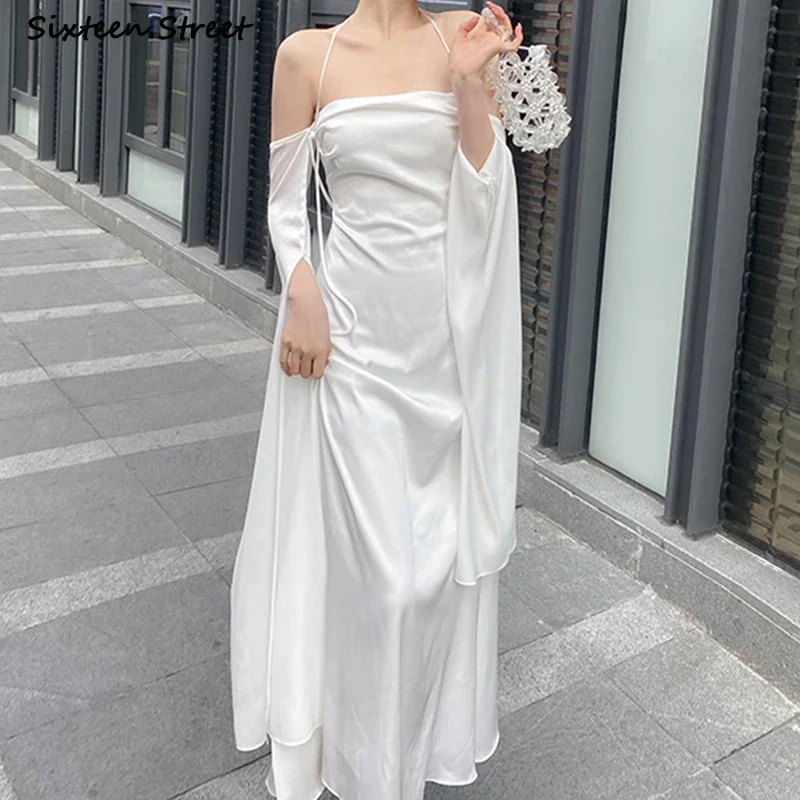 White Satin Dress Women  Summer Long Sleeve Slash Neck Elegant Women's Clothing Party Vacation Runway Design Vestidos