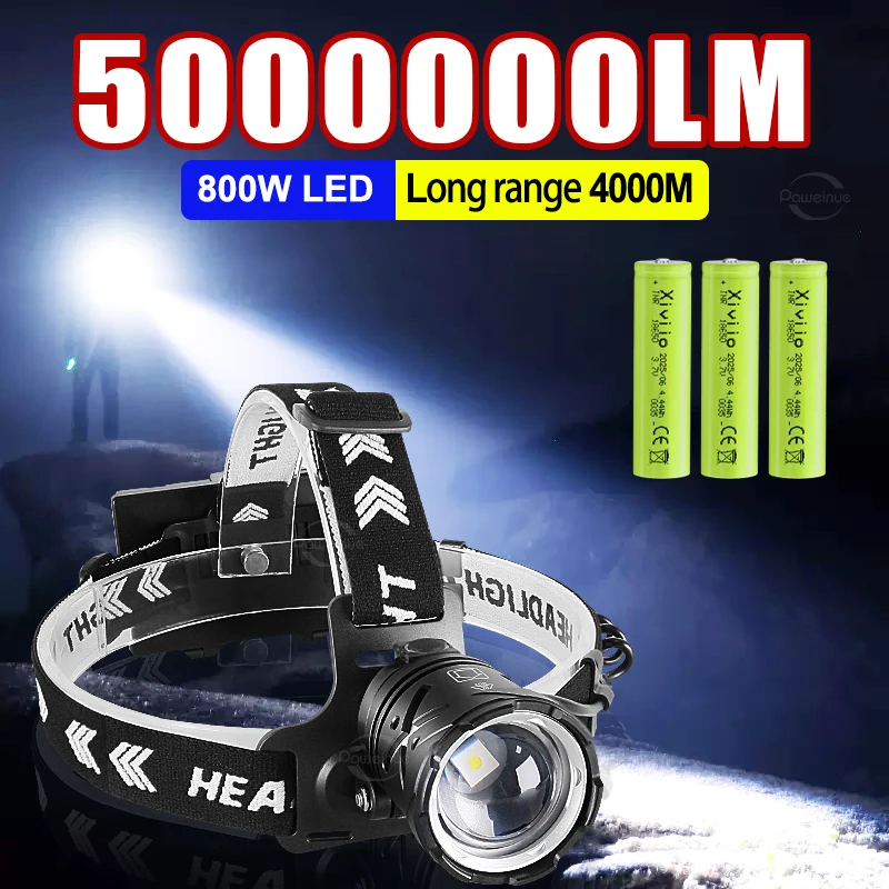 

Самый мощный налобный фонарь 5000000LM 800W/300W, перезаряжаемый, на аккумуляторе 18650, светодиодный, для рыбалки, фонарь-прожектор, налобный фонарь