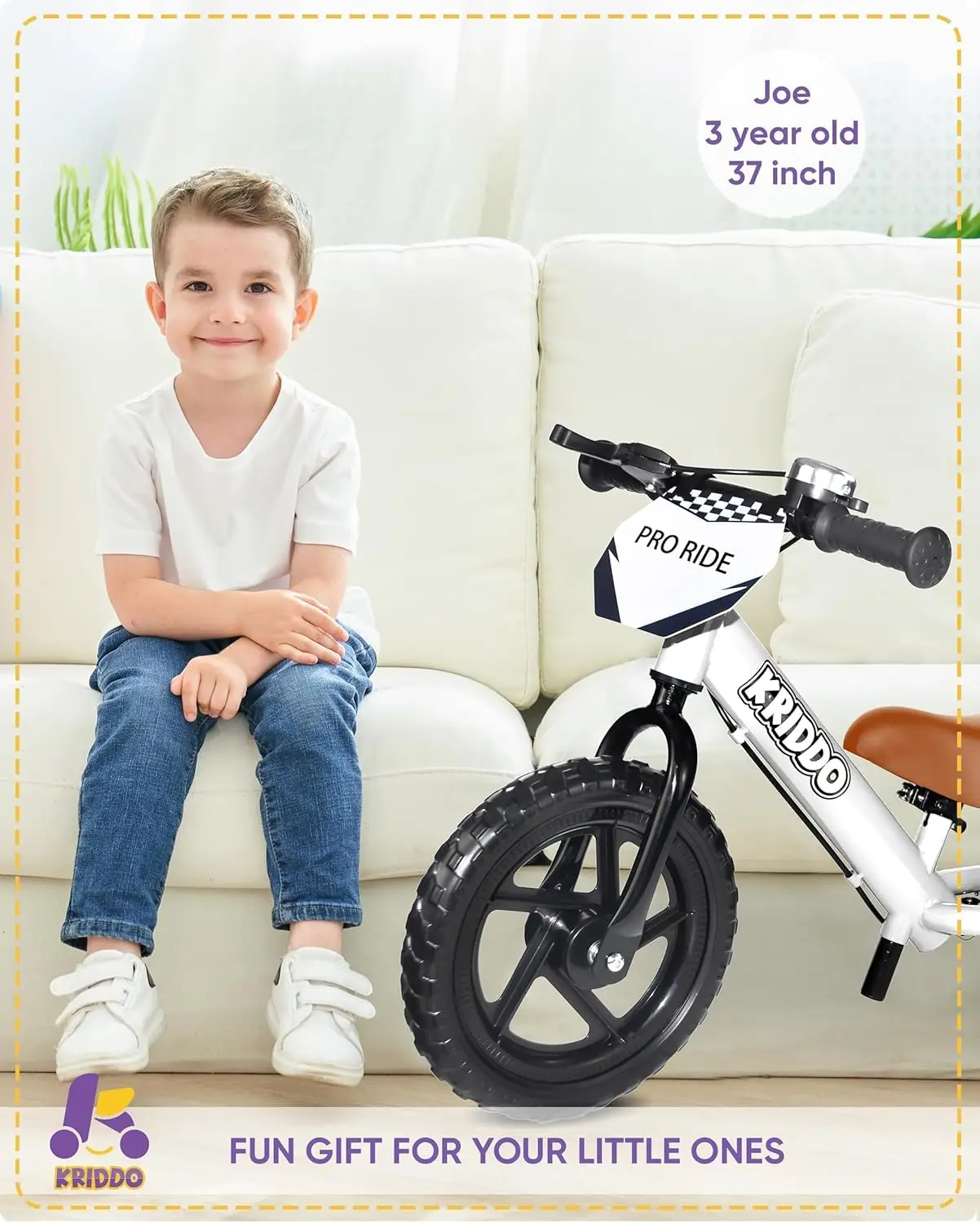 Bicicleta de equilibrio profesional para niños de 2 años con freno de mano y soporte, bicicleta de empuje de 12 pulgadas, bicicleta de regalo para niños y niñas de 2 a 5 años, color blanco