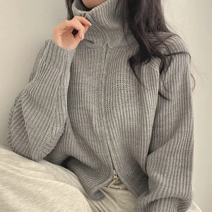 Elegancki, luźny, uniwersalny kardigan z dzianiny na jesień i zimę, z podwójnym zamkiem błyskawicznym, swobodny, uniwersalny, cienki, dzianinowy, otwarty kardigan damski, modny, prosty...