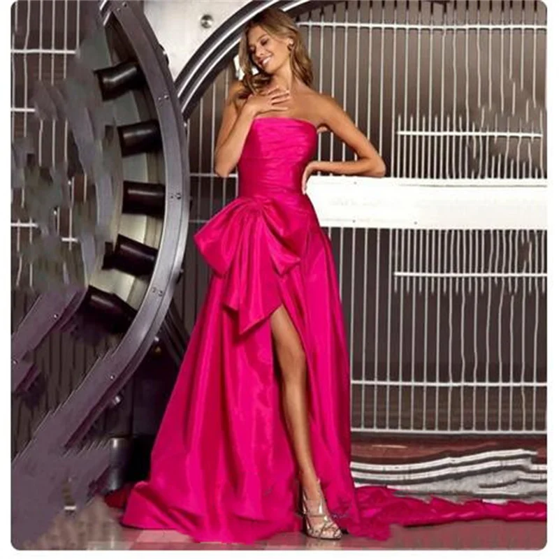 Strapless Elegant Womens Party Dresses A Line Fuchsia Formal Occasion Dresses On Offer Evening Clearance Side Split with Bow