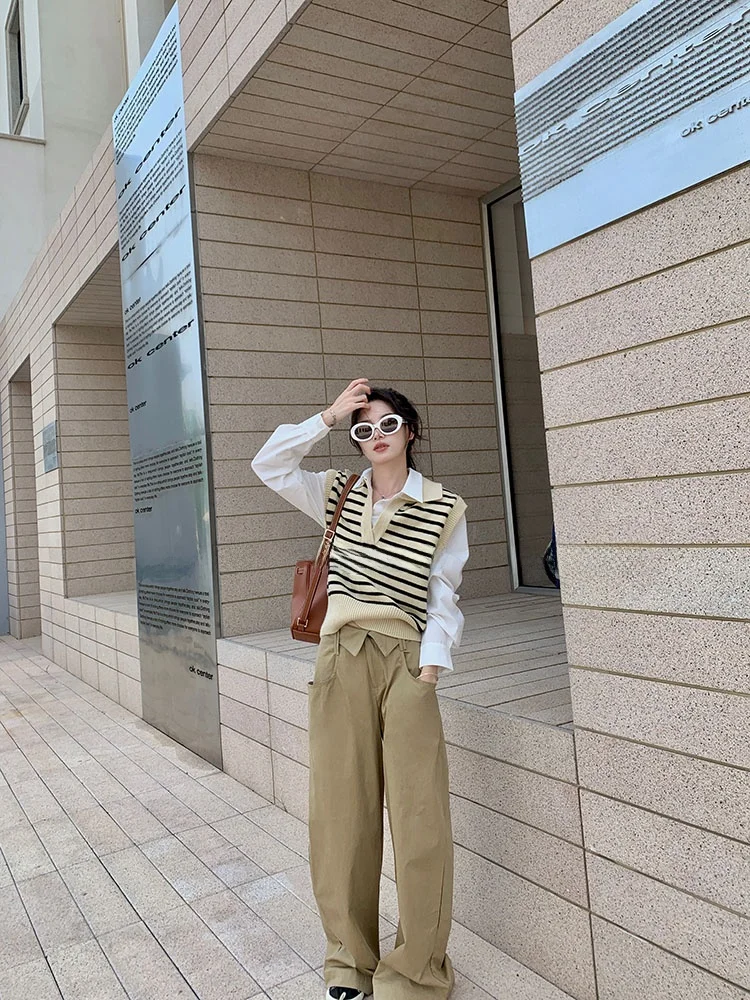 

Брюки женские прямые с высокой талией цвета хаки, повседневные, осенне-зимние, широкие, в пол, свободного кроя, для работы