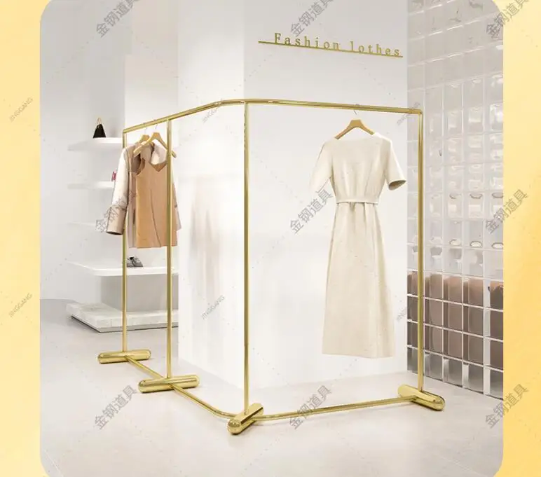 Clothing store display rack floor stainless steel titanium gold hangers children clothing store mid island curved corner display