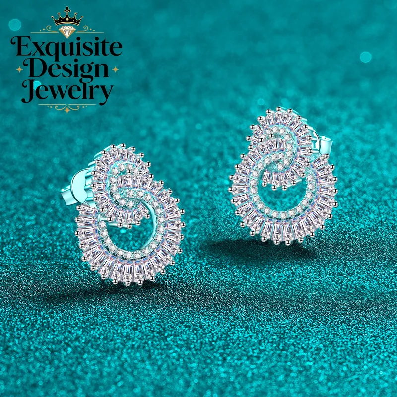 Exquisite Platinum PT950 Glamorous 3.09-Carat All-Mozanite Spiral Stud Earrings, Full Diamond Double-Ring Interlocking Earring