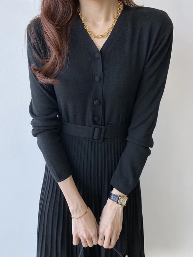 Ele Autumnal Vintage V-Ne ceinturé minceur longue Sve genou-dessus Midi plissé Dr femme Faion trajet Sle