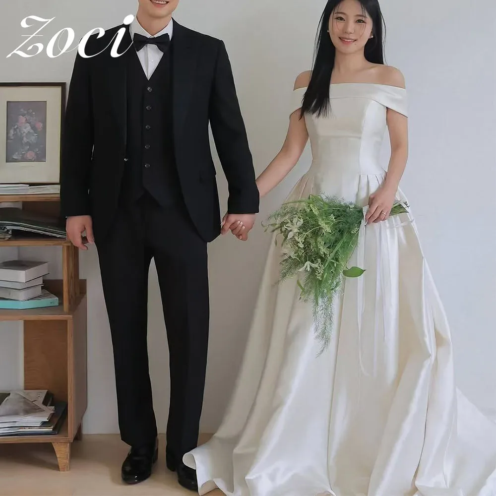 Zoci Satin Simple Wedding Gown Off the Shoulder A-line Wedding Dresses Customized Elegant Draped Bridal Gown Korea Photo Shoot