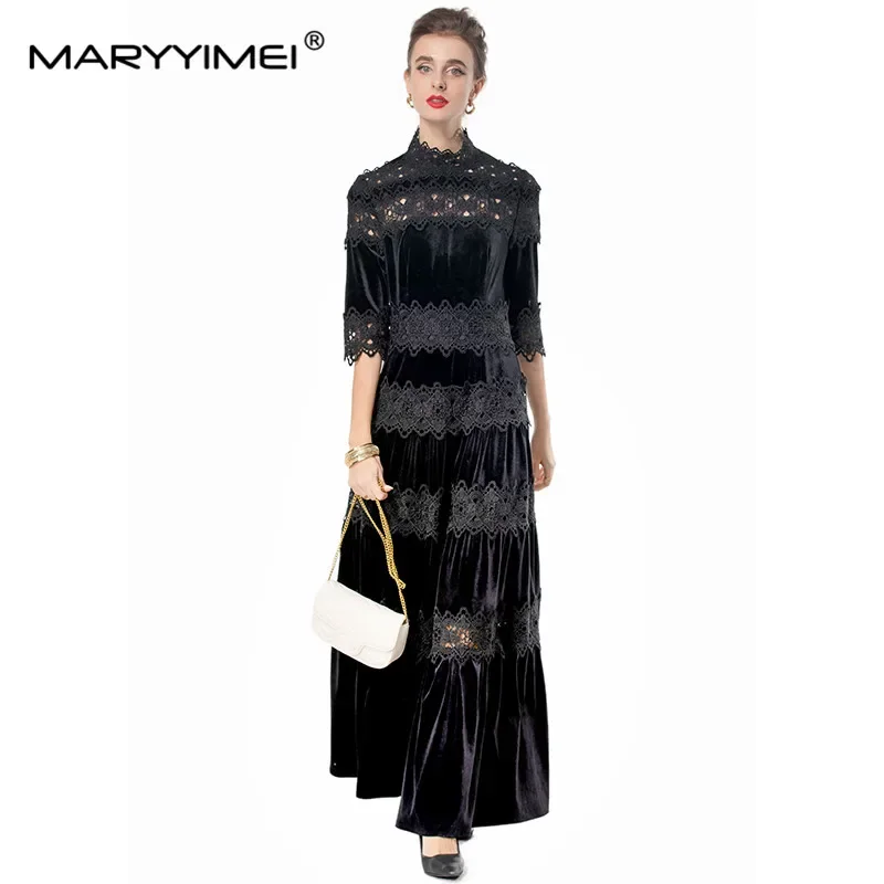 เกดิโวเอนฤดูใบไม้ร่วงและฤดูหนาวสไตล์ใหม่ชุดสตรีคอปกครึ่งแขนลูกปัดลูกไม้ประกบชุดกลวงออก