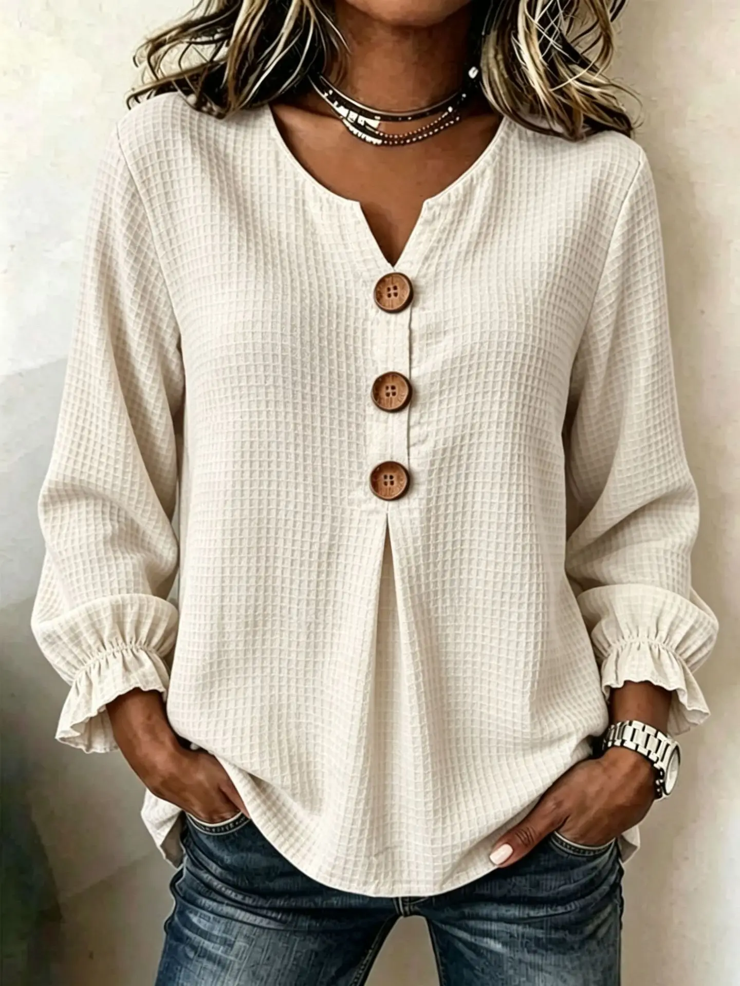 MsChuh Long Sleeved Top For Women Autumn New Waffle Solid Color With Loose And Comfortable Ruffle Sleeves Slimming Casual Tops
