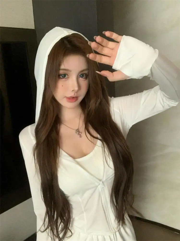 여름 여성 솔리드 긴팔 후드 지퍼 가디건 자외선 차단 탑과 하이웨이스트 섹시 드로스트링 반바지 2025 투피스 세트