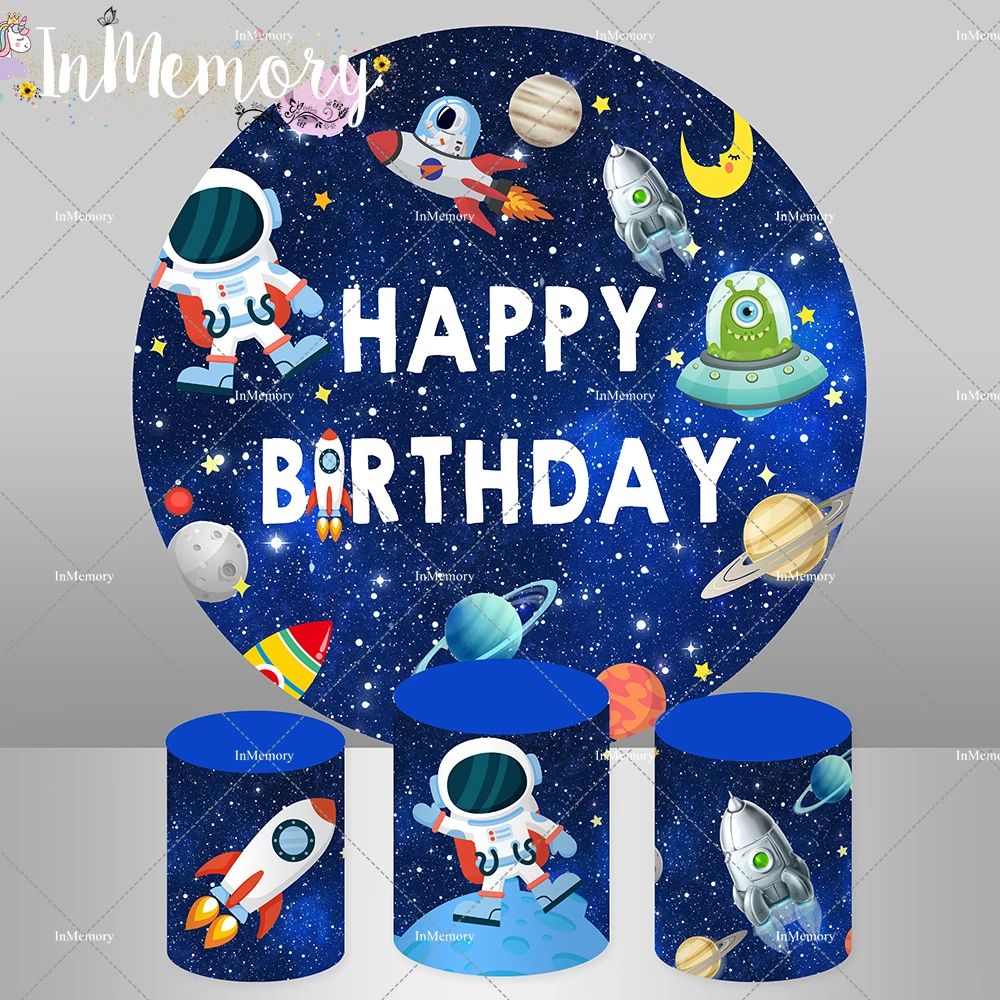 

Outer Space Boy Birthday Round Backdrop Cover Blue theme Rockets Galaxy Astronaut to The Moon Background Cake Table Banner