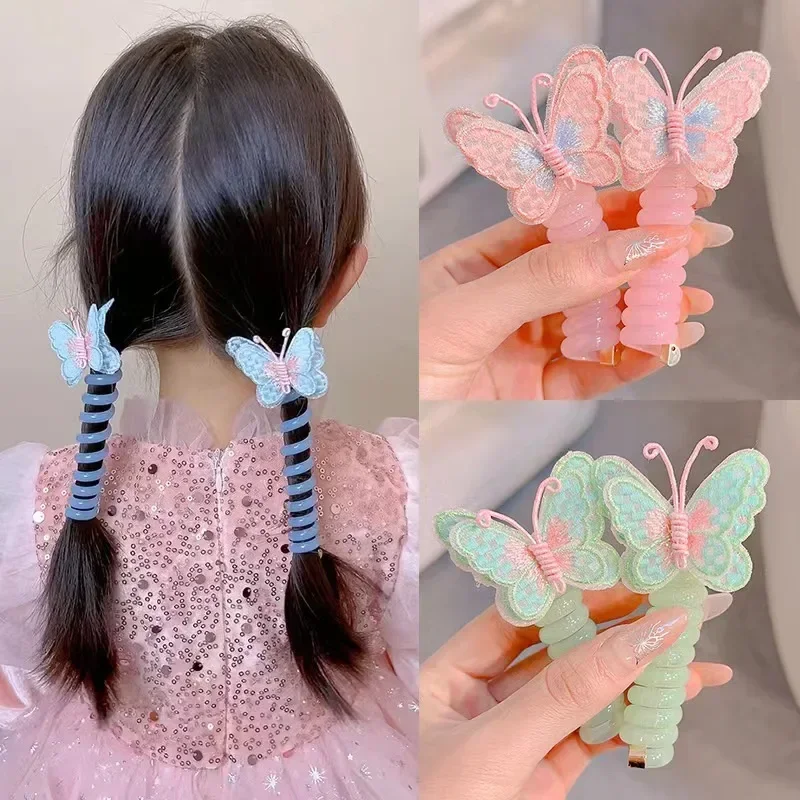 YWYHJ 2PC Cute Embroidered Butterfly Elastic Spiral Hair Rope Head Rope Ponytail Hair Ring Rubber Band Headdress for Kids Girls