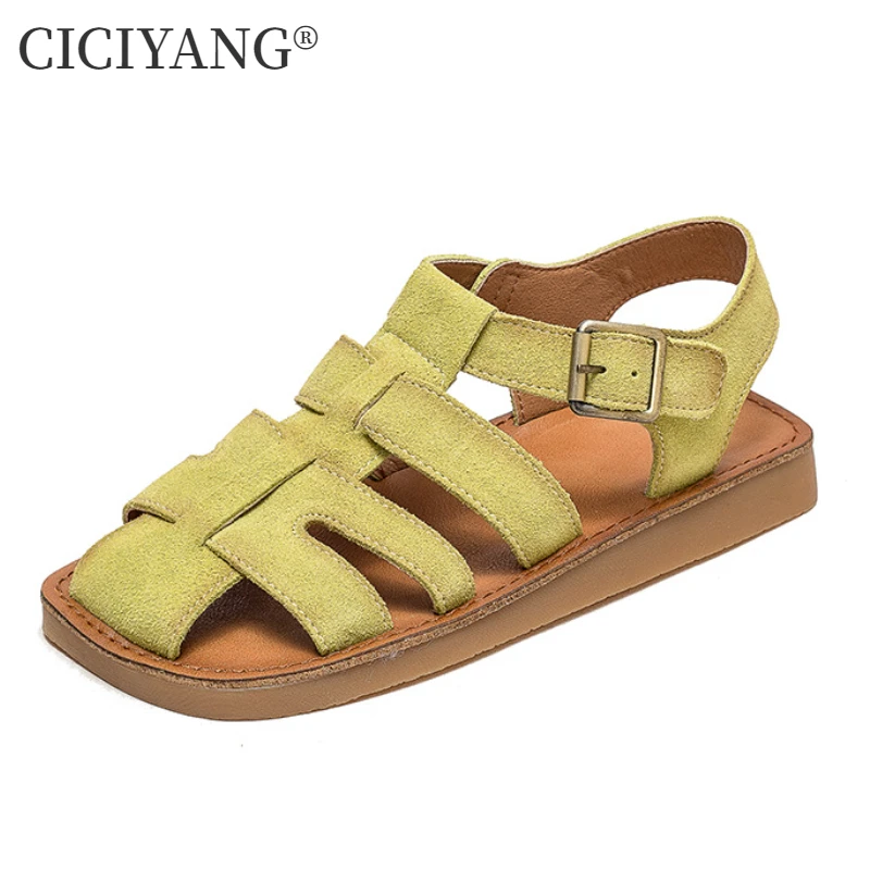 

CICIYANG Women Summer Sandals Suede First Layer Cowhide 2024 Retro Casual Openwork Soft Sole Sandals for Ladies Handmade Shoes