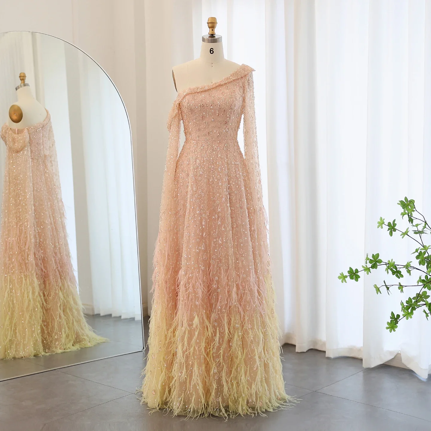 

Sharon Said Rose Gold Luxury Dubai Feather One Shoulder Evening Dress with Cape Sleeve Women Wedding Party Gown SS438 Customized