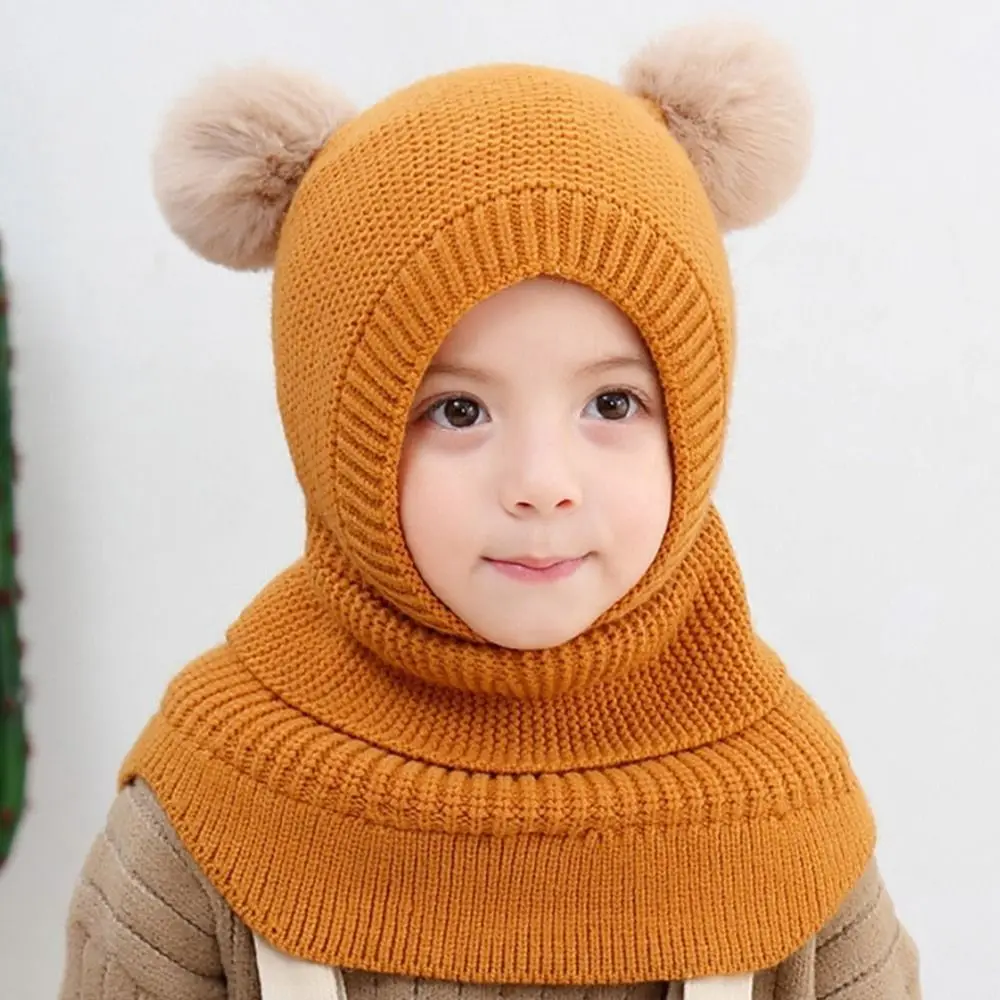 Winter Baby Balaclava Hat PomPom Knit Kids Beanie Hat for Baby Girl and Baby Boy Hat Scarf Double Layer