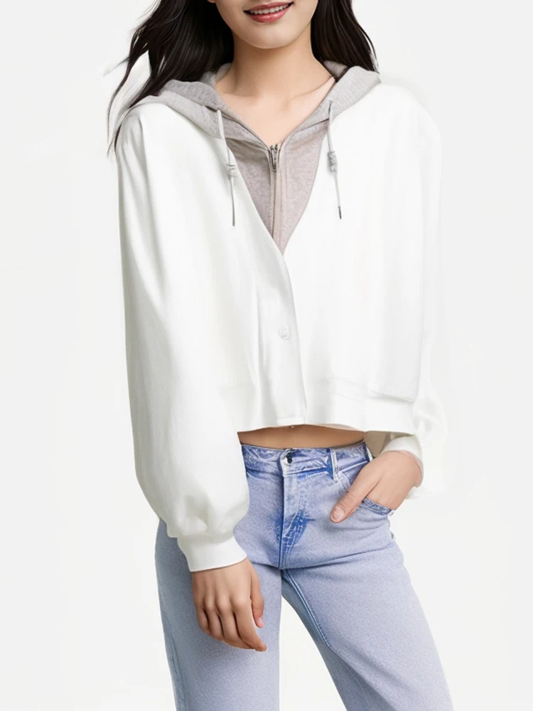 Fashion Fake Two Piece Hoodies Women Long Sleeve Sweatshirts Patchwork Zipper Casual Short Tops Pullovers Cropped Tops Female