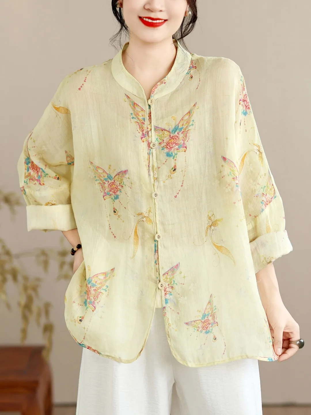 Chinese Style Cotton Linen Lightweight Breathable Printed Shirt Loose Slimming Stand Collar Women's plus Size Early Autumn Ne...