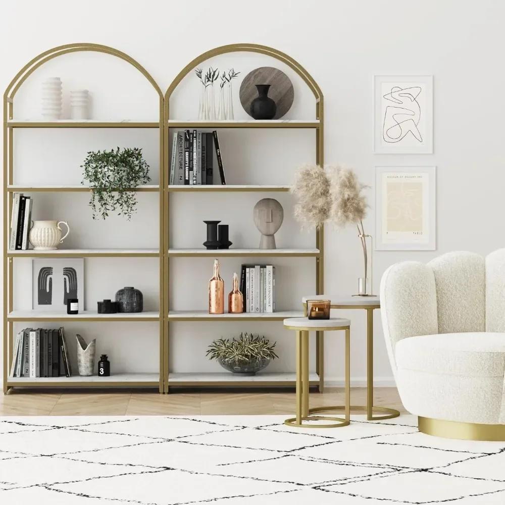 Bookshelf, 5-Shelf Faux Marble Bookcase in Faux Marble Finish Gold Metal Frame  Arch Top and Open Shelves, White/Gold, Set of 2