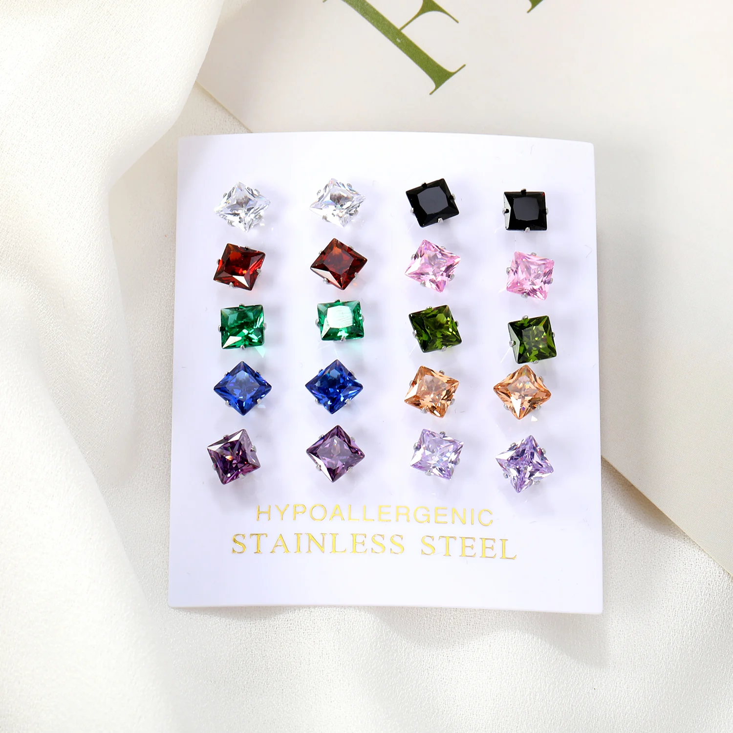 

LUXUKISSKIDS 6MM Colorful Shiny Cubic Zirconia Stainless Steel Earrings Sets 10pairs/Lots Clearly Square Stone Studs for Unisex