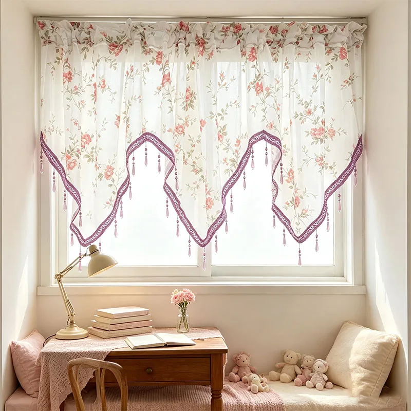 1pc Romantic Climbing Rose Bloom Semi Sheer Short Curtain, Terilon Fabric Floral Print Window Drape with Triangle Tassel Lace