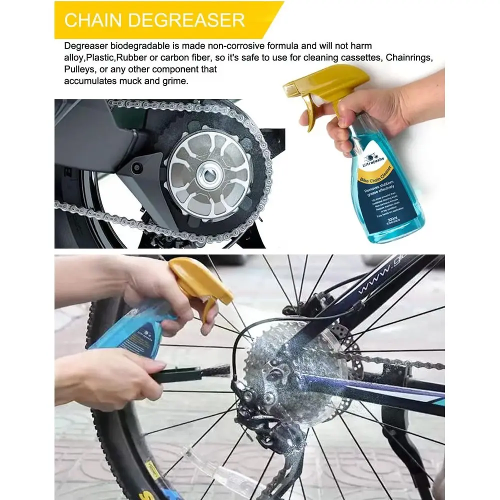 Kit de nettoyage de vélo : épurateur de chaîne, brosse, nettoyant, dégraissant et lubrifiant