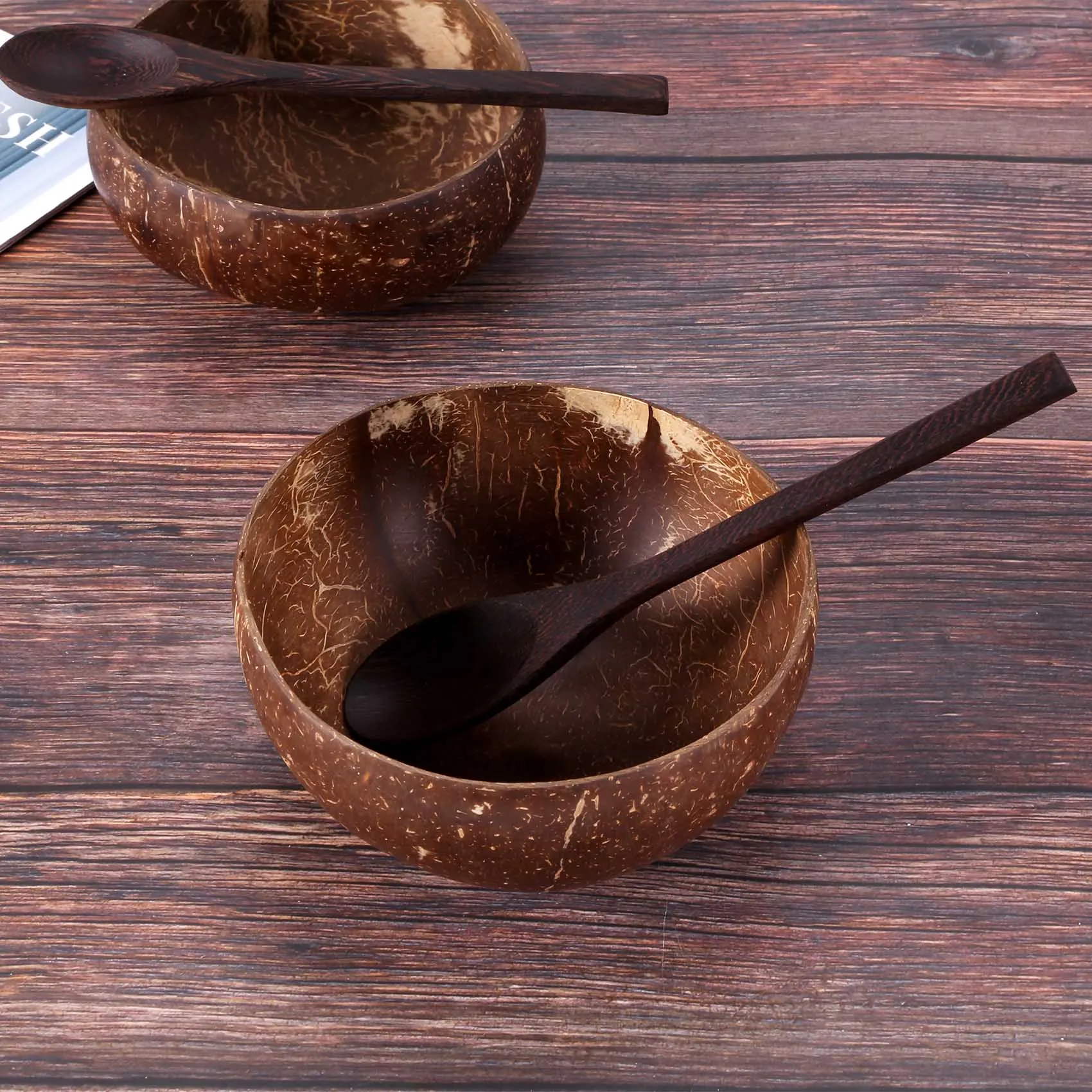 

A45Z-Кокосовые миски и деревянные ложки для сервировки лапши, пасты, смузи, мороженого, украшения ручной работы, миска из скорлупы кокоса