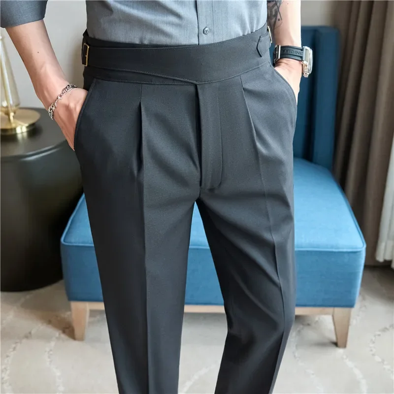 High Waisted Dress Pants 2024 Autumn British Style Solid Casual Trousers Elastic Slim Fit Formal Suit Pants Fashion Men Clothing