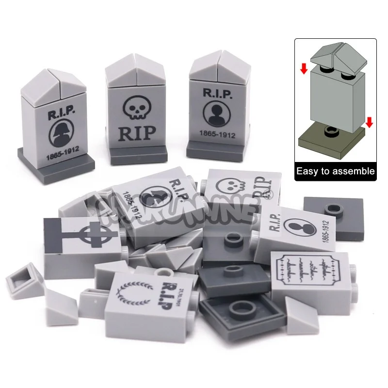 Marumine MOC Halloween-Bausteine, DIY-Druck, Grabstein, Friedhof, Ziegel, Modellbausatz, Zubehörteile, kompatibel mit 3245