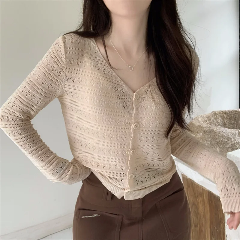 Womens Crochet Top Sheer Open-knit Long Sleeve Button Front Hollow-out Cardigan Spring Summer Casual Outfit