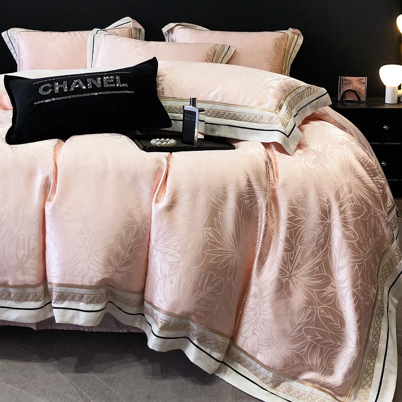 Pink Jacquard Bedding Sets Luxury Satin Cotton Embroidery Duvet Cover Fitted Bed Sheet Pillowcases Home Textile