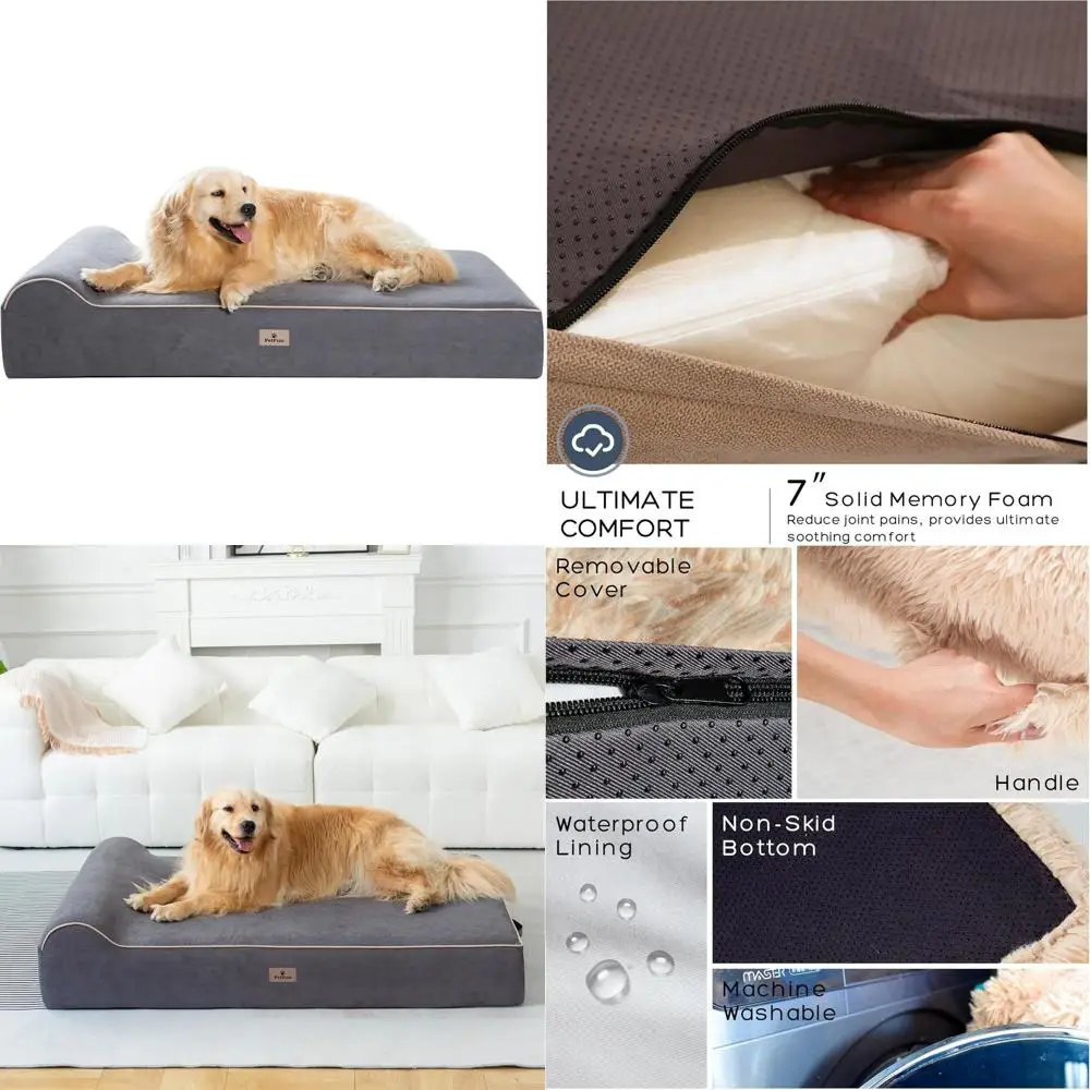 

7-секционная толстая кровать для собак из пены с эффектом памяти со съемным чехлом для крупных собак, серый замшевый материал, 50 длина x 34 ширина x 10 высота дюймов