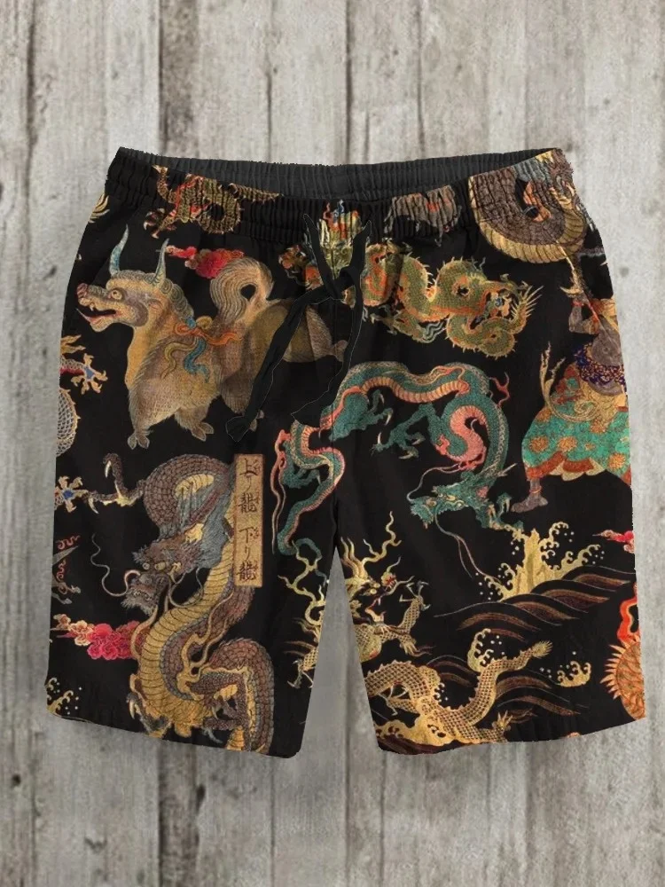 

Мужские шорты с принтом японского искусства и элементами дракона, модные летние каникулы, короткие брюки с эластичной резинкой на талии и шнурком, мужские штаны