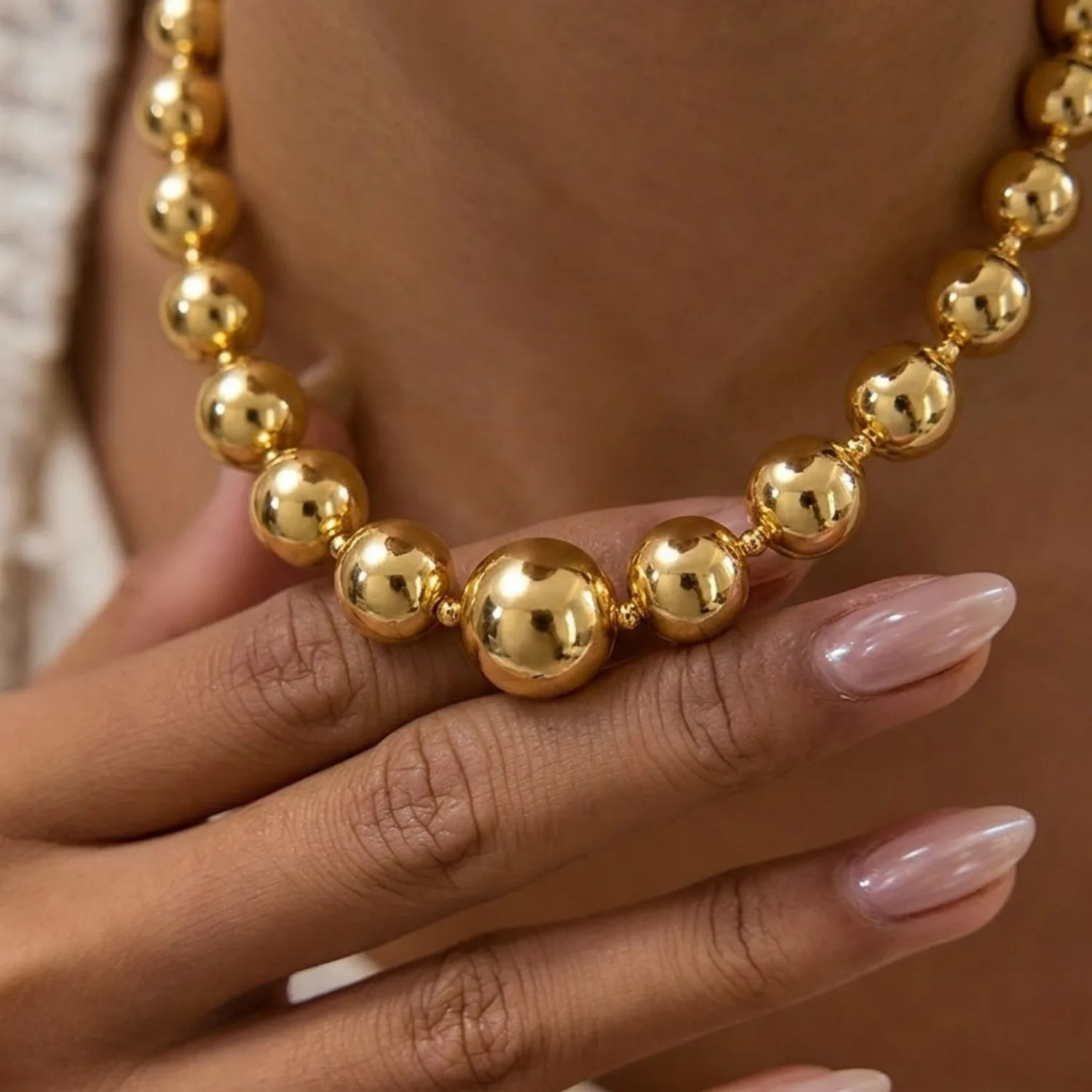 Graduated Thick Solid Polished Ball Bead Collarbone Necklace 316 Stainless Steel Gold Heavy-duty Mixed Size Bead Chain Jewelry