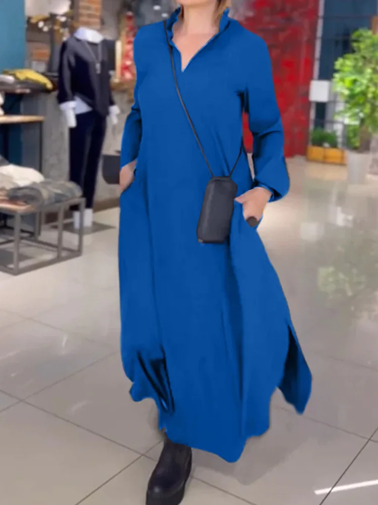

Spring Autumn Casual V Neck Chic Maxi Dress, Women Long Sleeve Fashion Simple Party Dress, Pocket Patchwork Ladies Dress Vestido